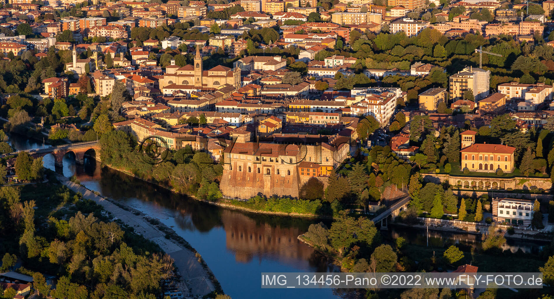 Aerial photograpy of Castello di Cassano d'Adda, Villa Gabbioneta in Cassano d’Adda in the state Lombardy, Italy