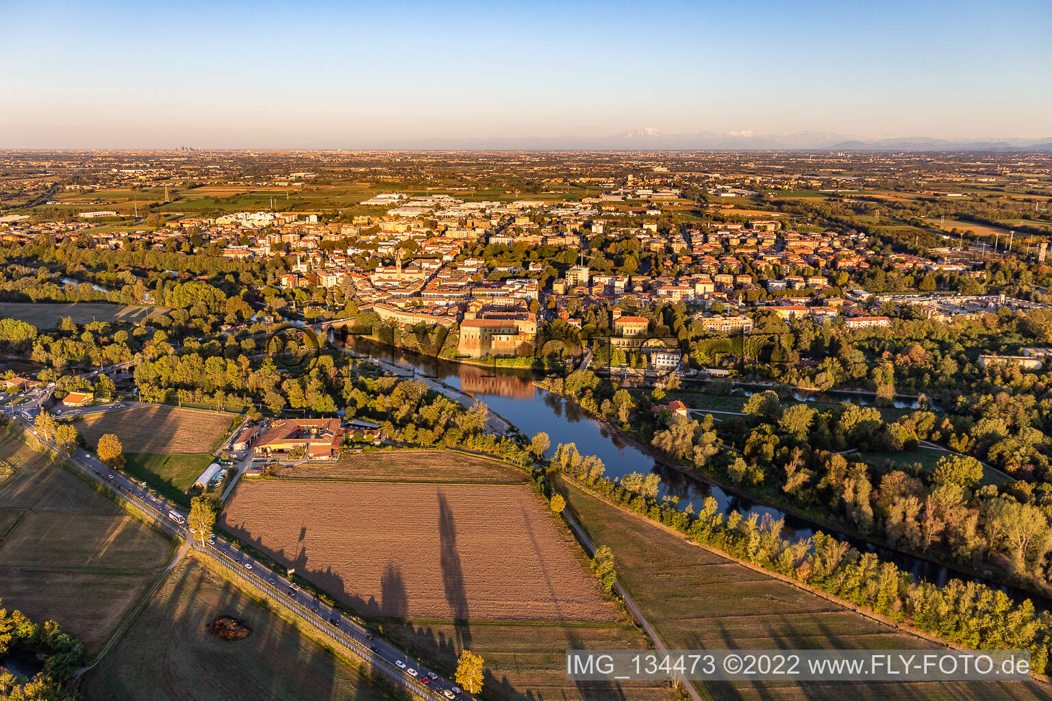 Aerial view of Cassano d’Adda in the state Lombardy, Italy