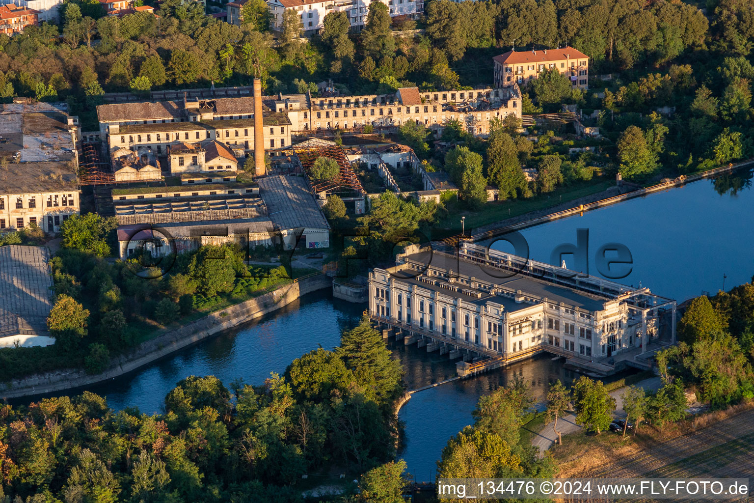 Aerial view of Dam on the Muzza Canal in Cassano d’Adda in the state Lombardy, Italy