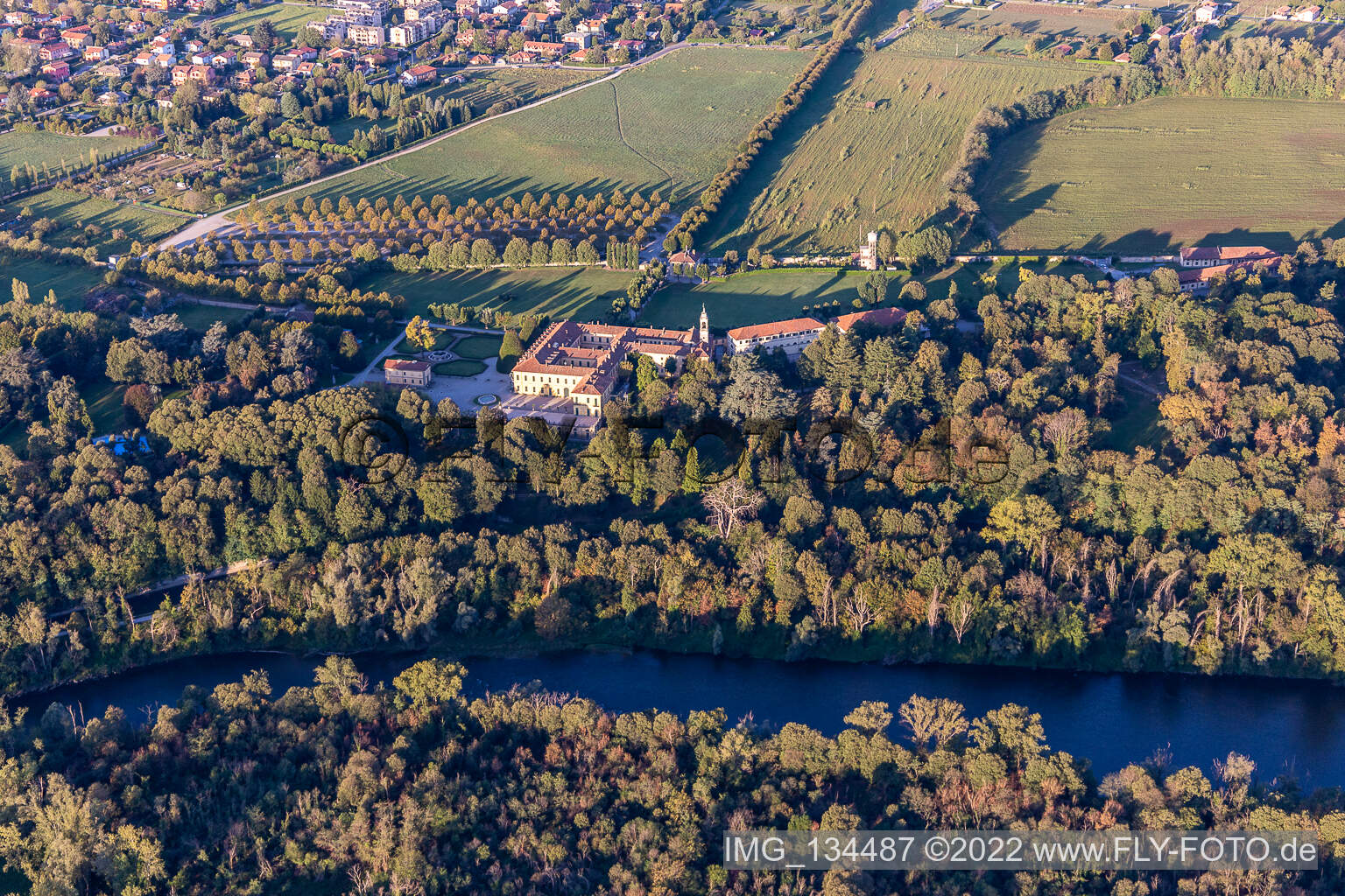 Aerial view of Villa Castelbarco in Vaprio d’Adda in the state Lombardy, Italy