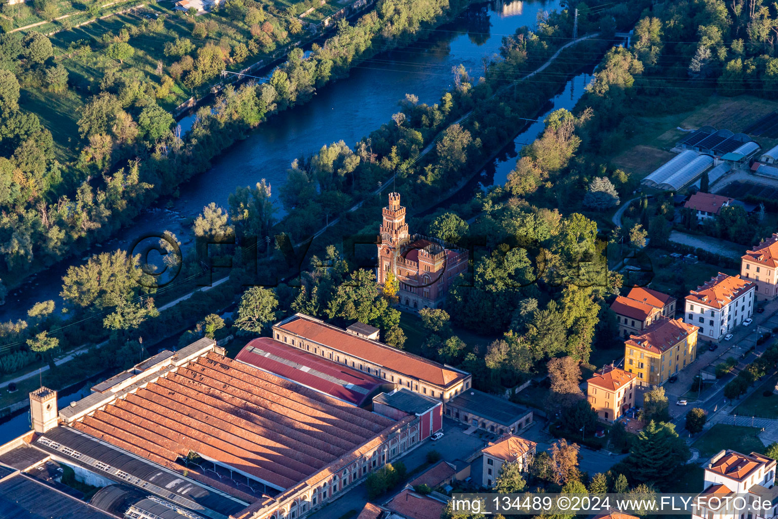 Aerial view of Central hydroelectric power station of Crespi d'Adda in Capriate San Gervasio in the state Bergamo, Italy