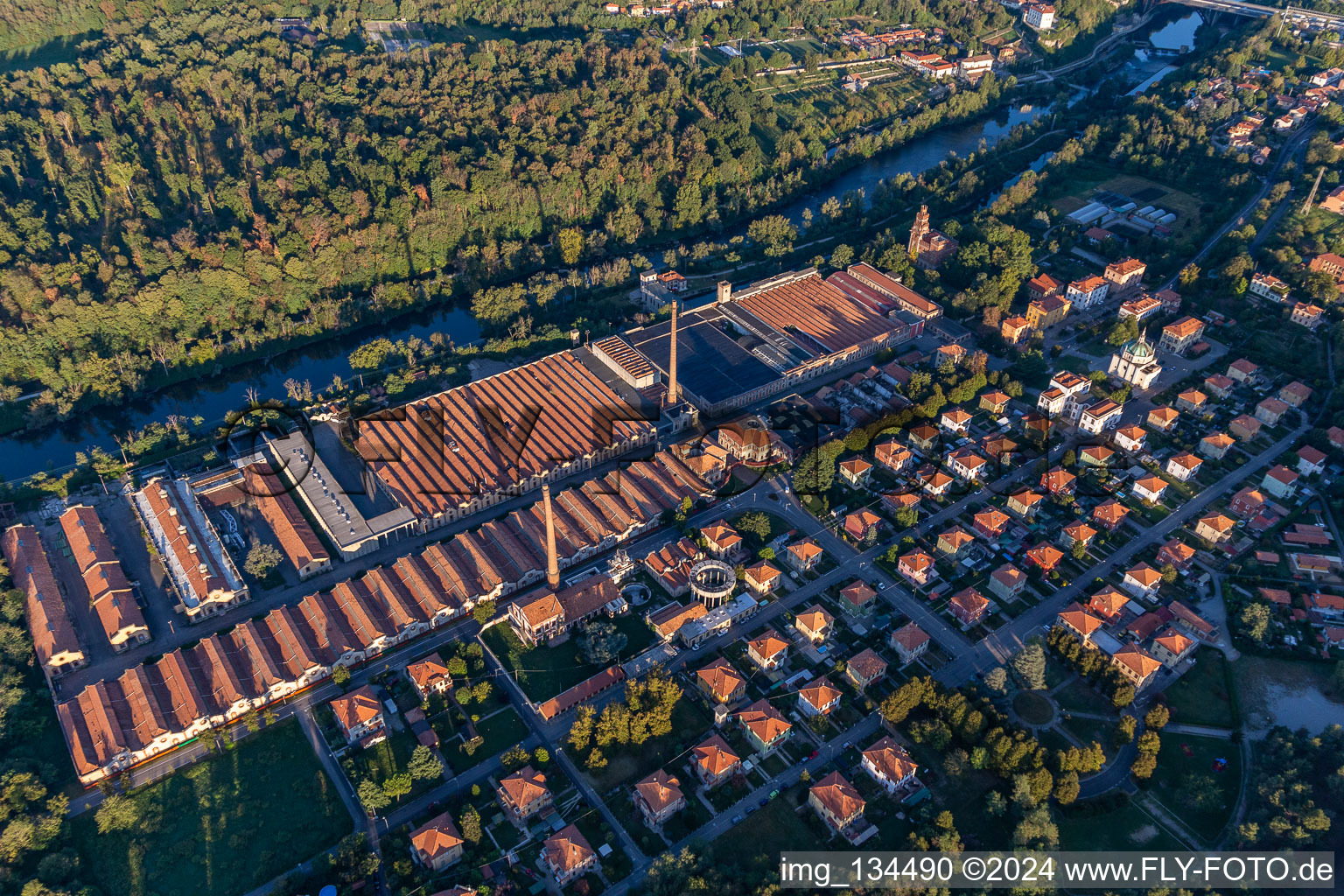 Aerial photograpy of Central hydroelectric power station of Crespi d'Adda in Capriate San Gervasio in the state Bergamo, Italy