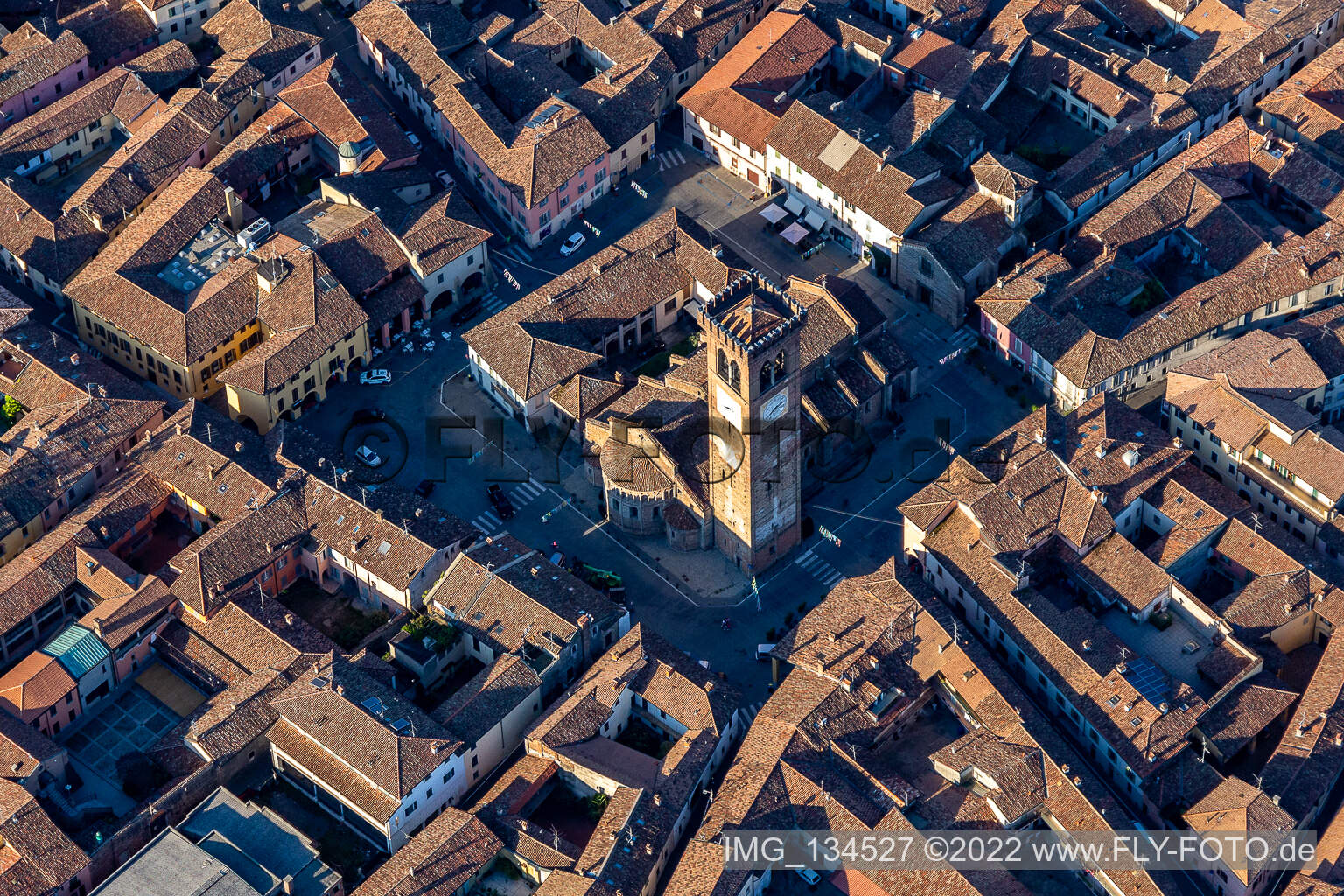 Aerial view of Basilica of Santa Maria Assunta and San Sigismondo in Rivolta d’Adda in the state Cremona, Italy