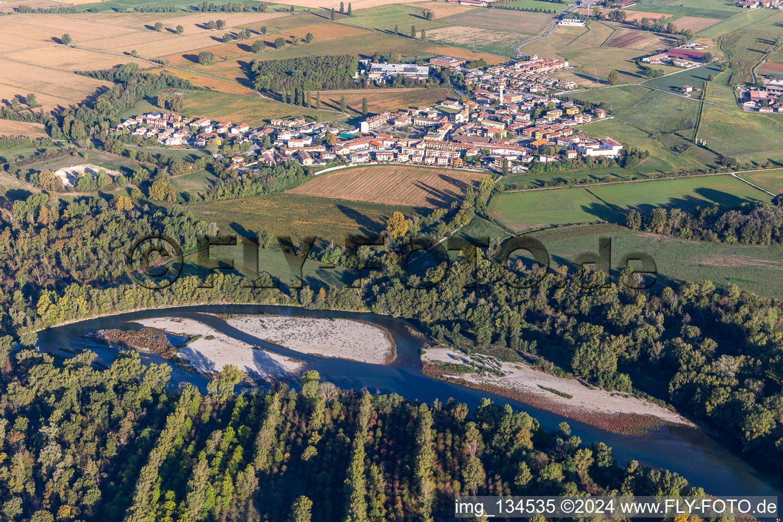 Aerial view of Sandbank on the Adda in Comazzo in the state Lodi, Italy