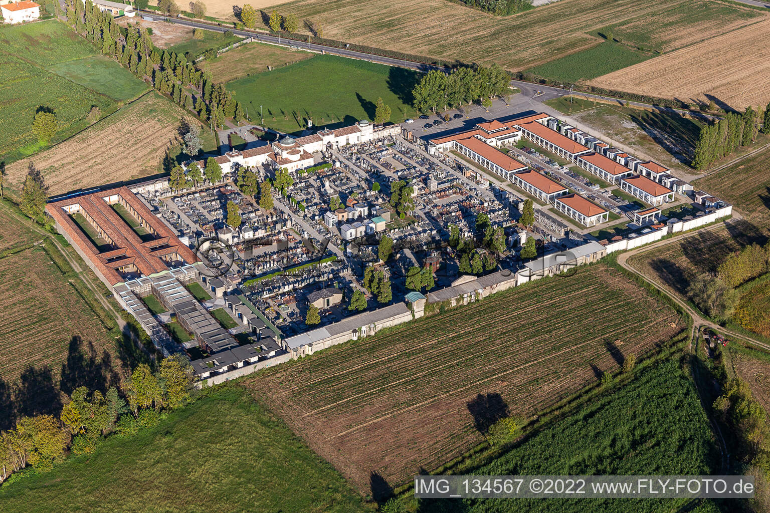 Aerial view of Cemetery of Caravaggio in Caravaggio in the state Bergamo, Italy