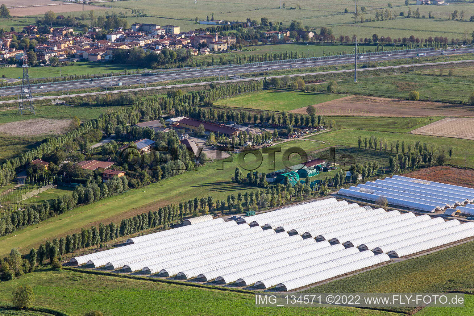 Aerial view of Cascina Reina, Red Tech "Scuola Volo" Campo volo in Caravaggio in the state Bergamo, Italy