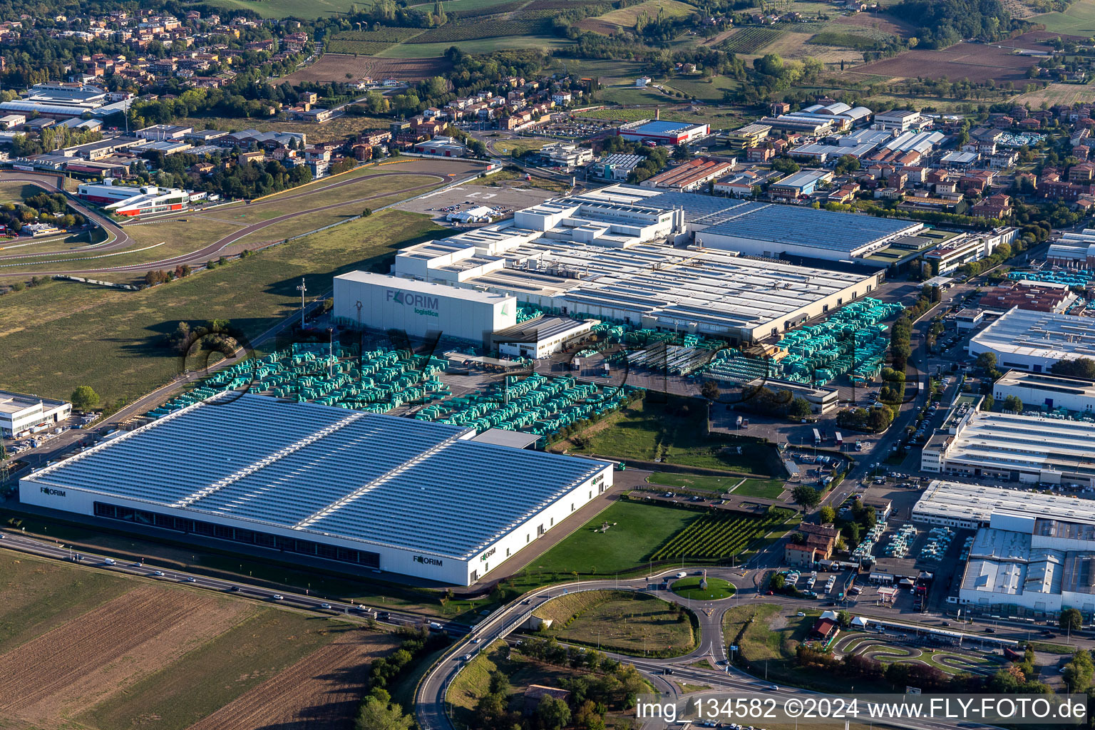 Aerial view of Formula 1 race track of Ferrari, Pista di Fiorano, Circuito di Fiorano in Fiorano Modenese in the state Modena, Italy