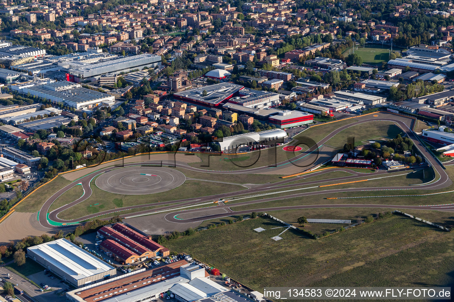 Aerial photograpy of Formula 1 race track of Ferrari, Pista di Fiorano, Circuito di Fiorano in Fiorano Modenese in the state Modena, Italy