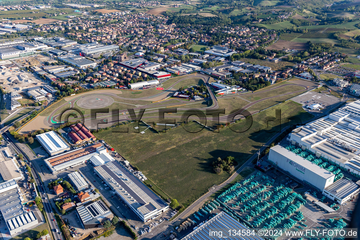 Oblique view of Ferrari Formula 1 race track, Pista di Fiorano, Circuito di Fiorano in Fiorano Modenese in the state Modena, Italy