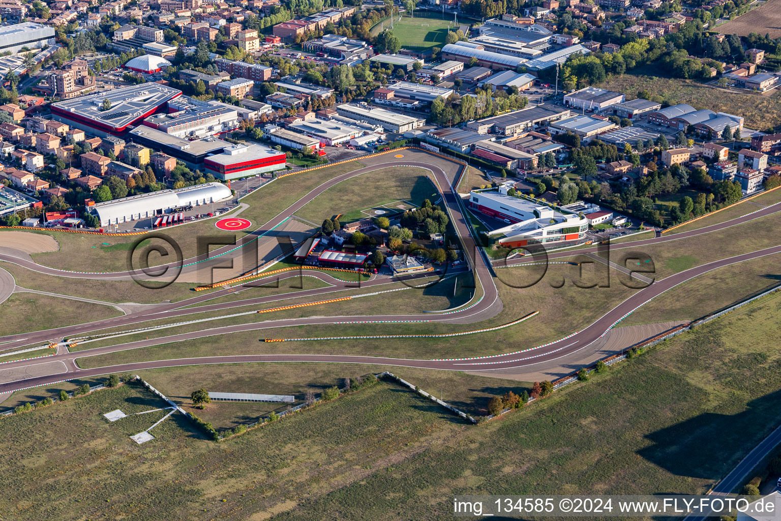 Formula 1 race track of Ferrari, Pista di Fiorano, Circuito di Fiorano in Fiorano Modenese in the state Modena, Italy from above