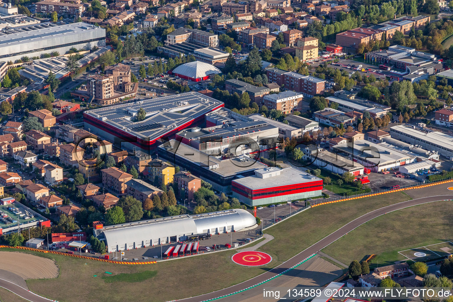 Formula 1 race track of Ferrari, Pista di Fiorano, Circuito di Fiorano in Fiorano Modenese in the state Modena, Italy seen from above