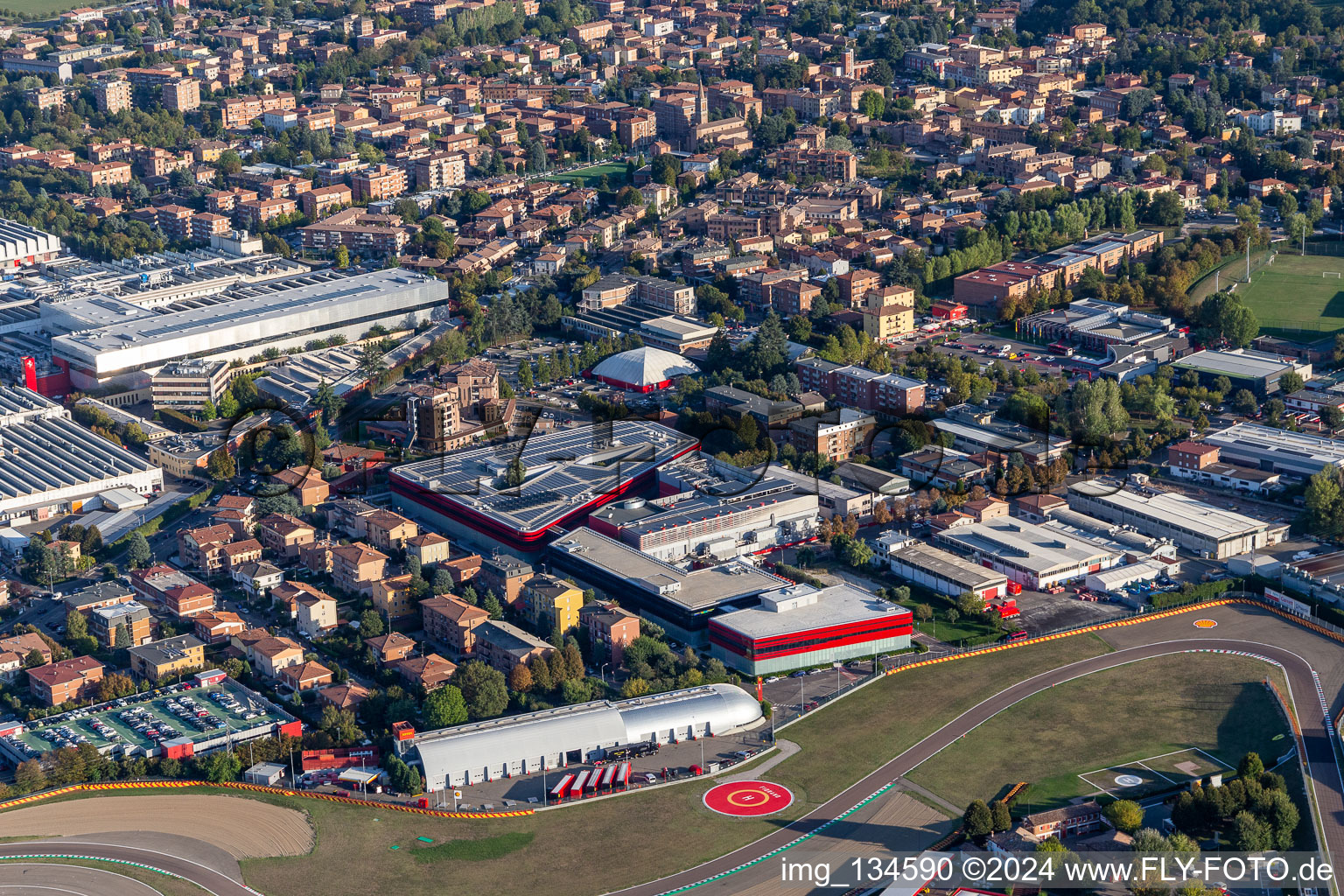 Formula 1 race track of Ferrari, Pista di Fiorano, Circuito di Fiorano in Fiorano Modenese in the state Modena, Italy from the plane