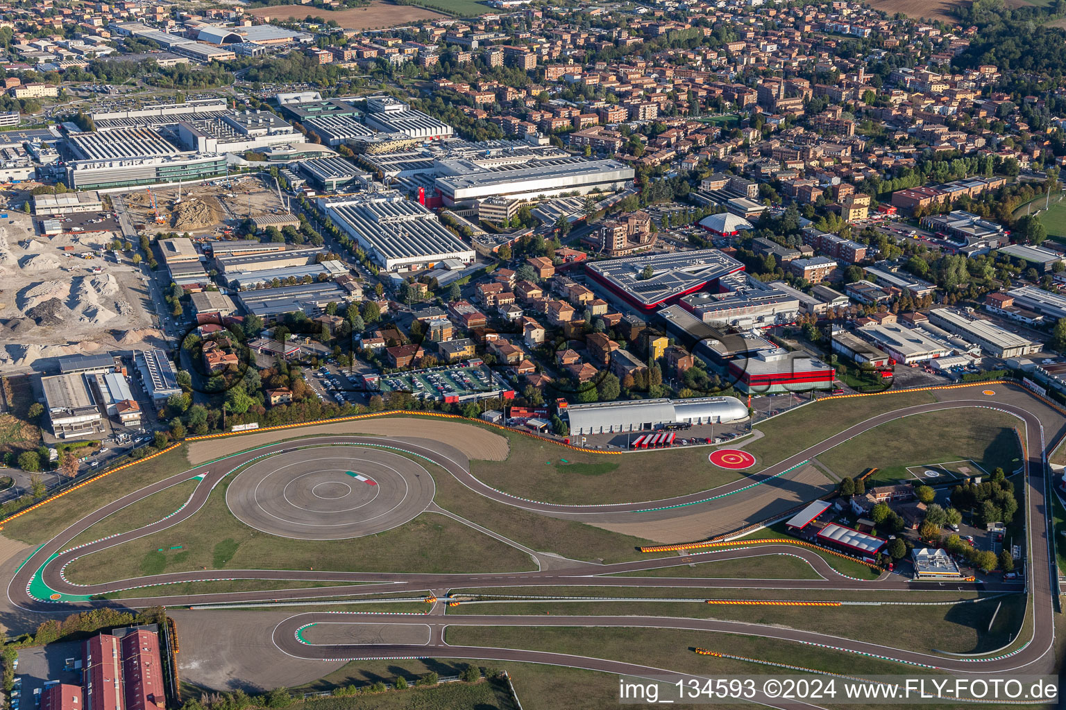 Bird's eye view of Formula 1 race track of Ferrari, Pista di Fiorano, Circuito di Fiorano in Fiorano Modenese in the state Modena, Italy