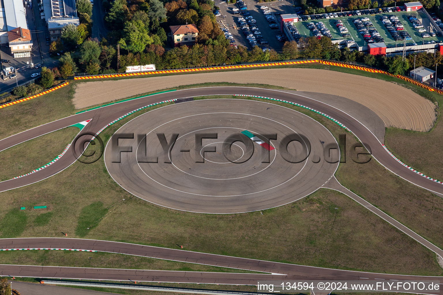 Formula 1 race track of Ferrari, Pista di Fiorano, Circuito di Fiorano in Fiorano Modenese in the state Modena, Italy viewn from the air