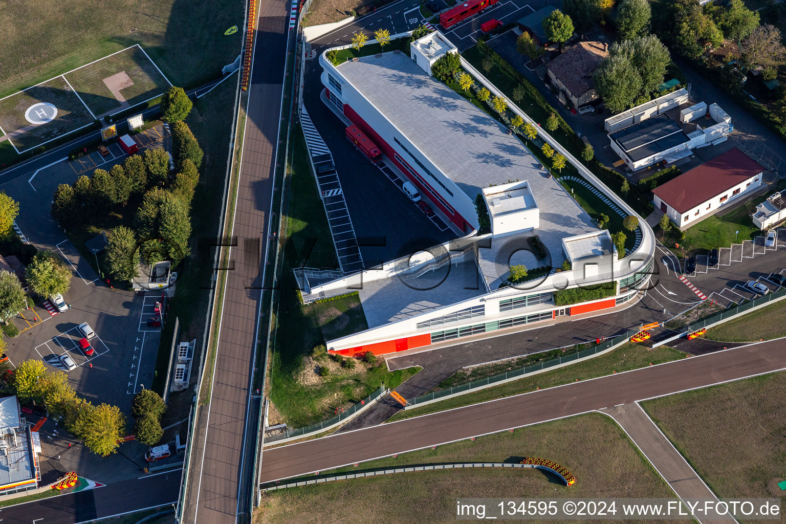 Drone recording of Formula 1 race track of Ferrari, Pista di Fiorano, Circuito di Fiorano in Fiorano Modenese in the state Modena, Italy