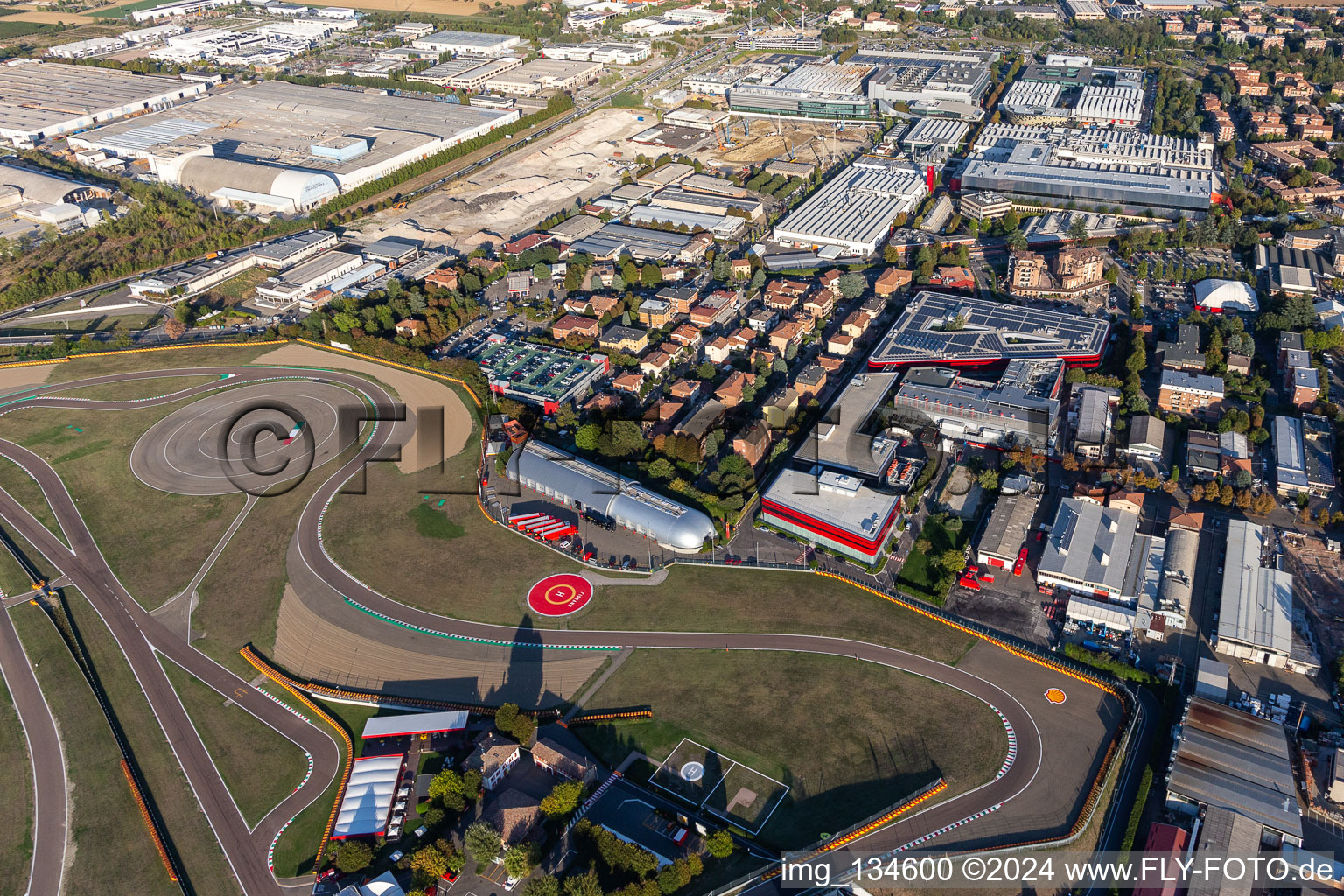 Formula 1 race track of Ferrari, Pista di Fiorano, Circuito di Fiorano in Fiorano Modenese in the state Modena, Italy from the drone perspective