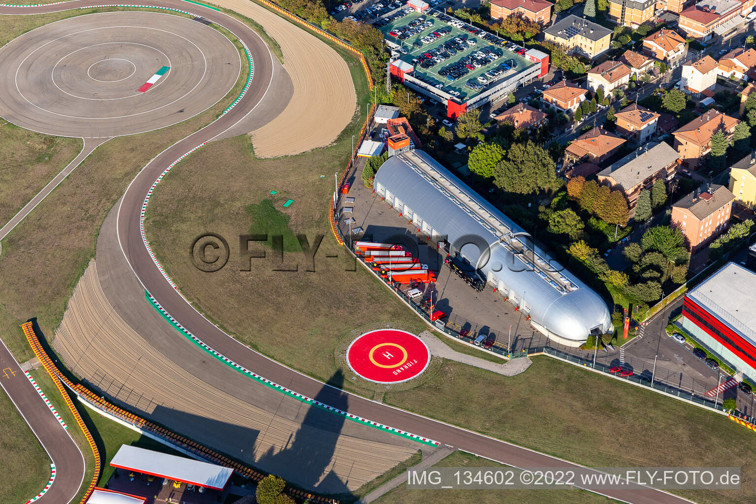 Ferrari Formula 1 race track, Pista di Fiorano, Circuito di Fiorano in Fiorano Modenese in the state Modena, Italy from a drone