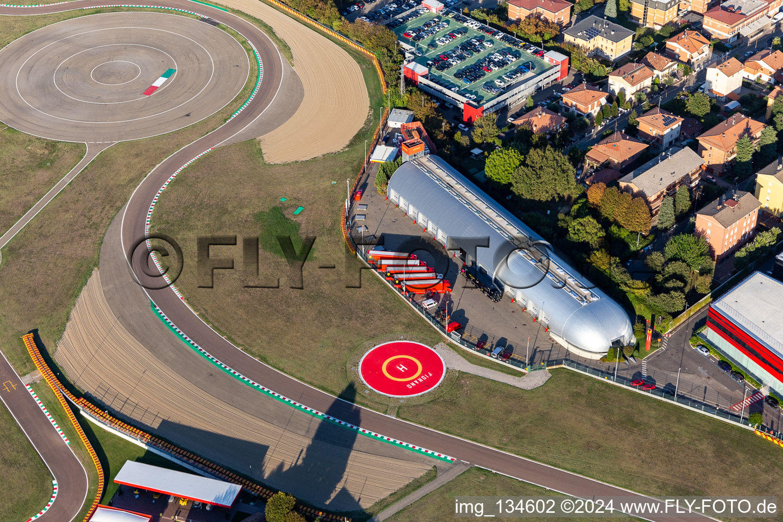 Ferrari Formula 1 race track, Pista di Fiorano, Circuito di Fiorano in Fiorano Modenese in the state Modena, Italy from a drone