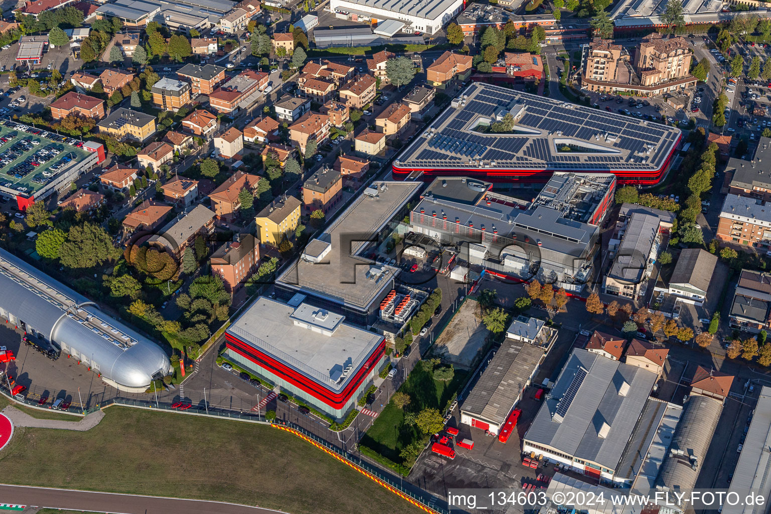 Formula 1 race track of Ferrari, Pista di Fiorano, Circuito di Fiorano in Fiorano Modenese in the state Modena, Italy seen from a drone