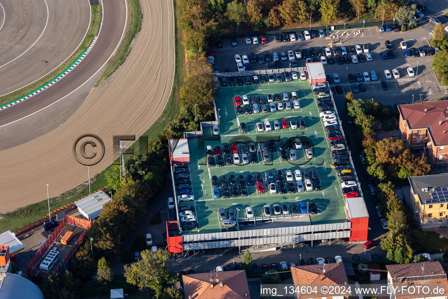 Aerial view of Formula 1 race track of Ferrari, Pista di Fiorano, Circuito di Fiorano in Fiorano Modenese in the state Modena, Italy