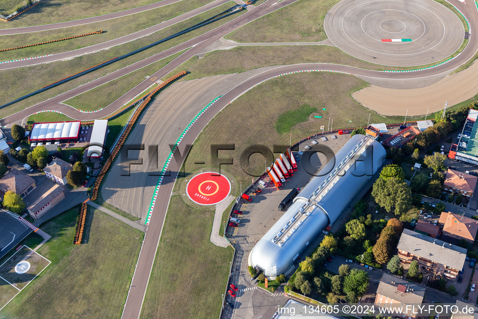 Aerial photograpy of Formula 1 race track of Ferrari, Pista di Fiorano, Circuito di Fiorano in Fiorano Modenese in the state Modena, Italy