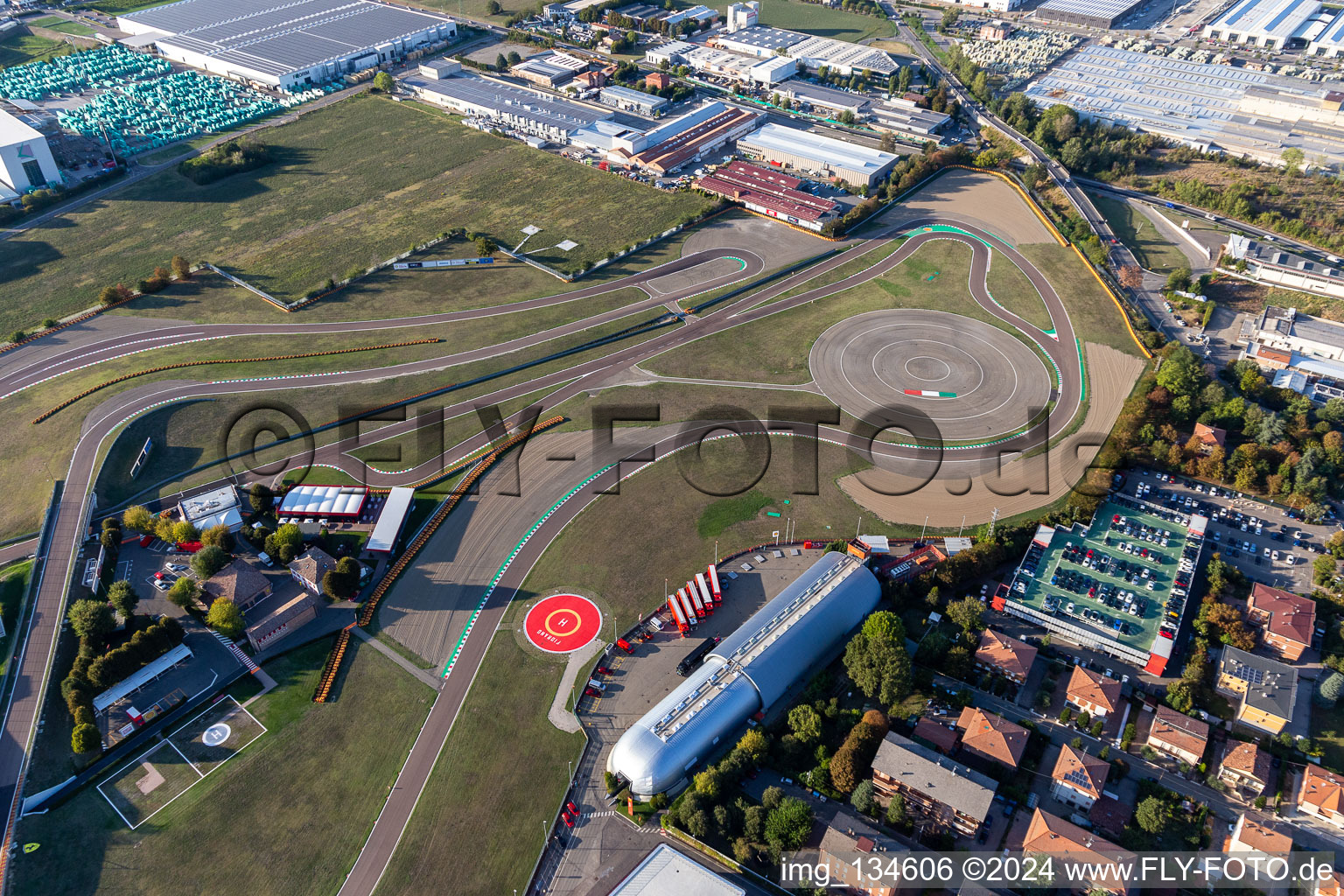 Oblique view of Formula 1 race track of Ferrari, Pista di Fiorano, Circuito di Fiorano in Fiorano Modenese in the state Modena, Italy