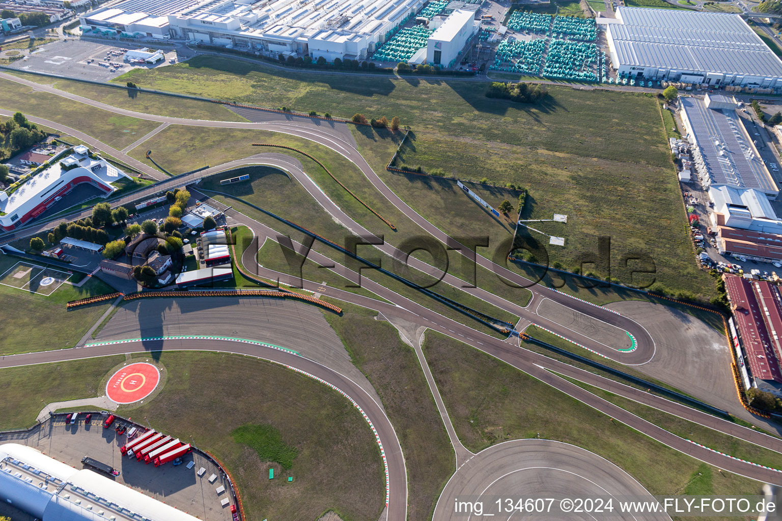 Formula 1 race track of Ferrari, Pista di Fiorano, Circuito di Fiorano in Fiorano Modenese in the state Modena, Italy from above