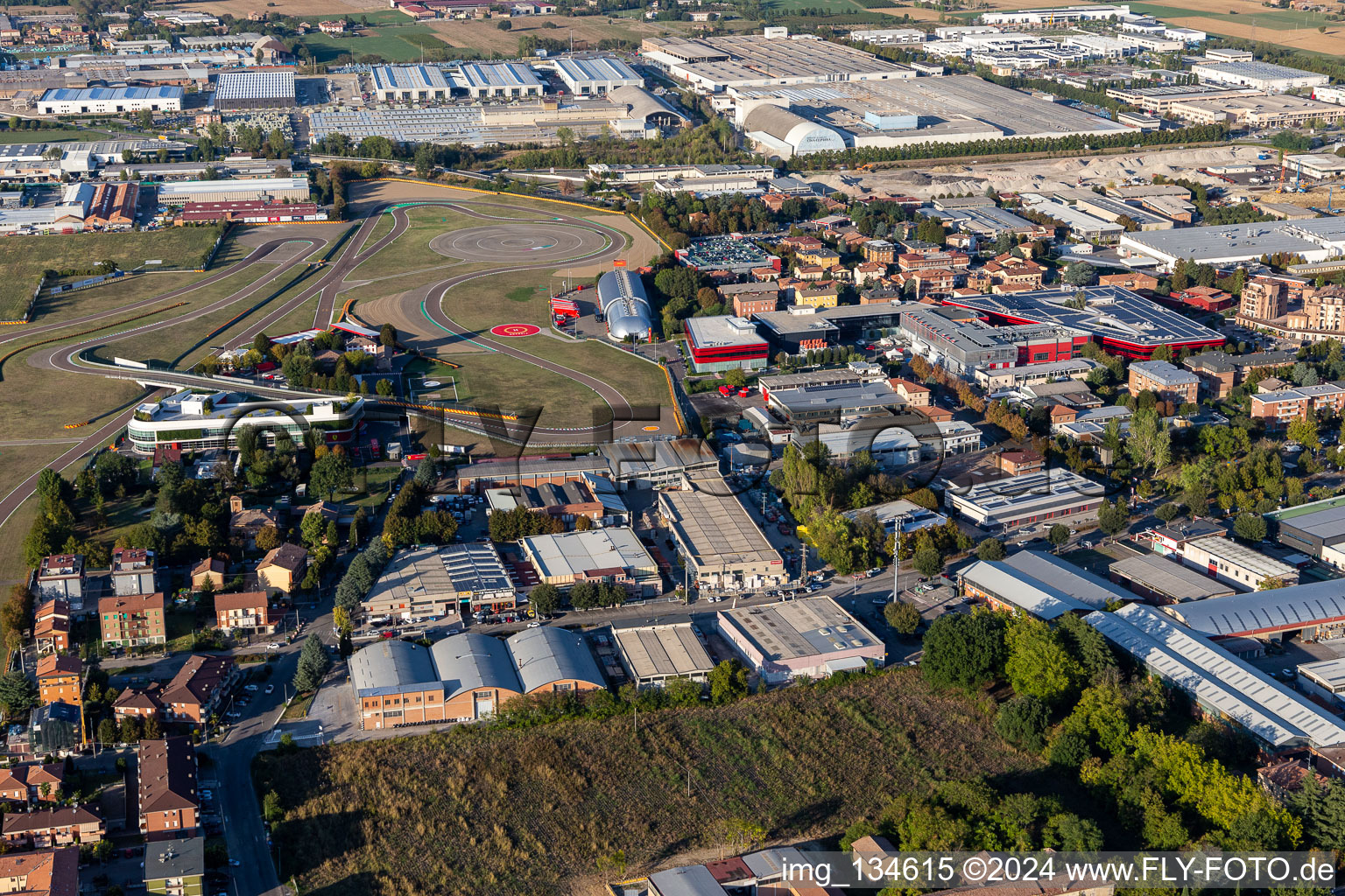 Aerial view of Formula 1 race track of Ferrari, Pista di Fiorano, Circuito di Fiorano in Maranello in the state Modena, Italy