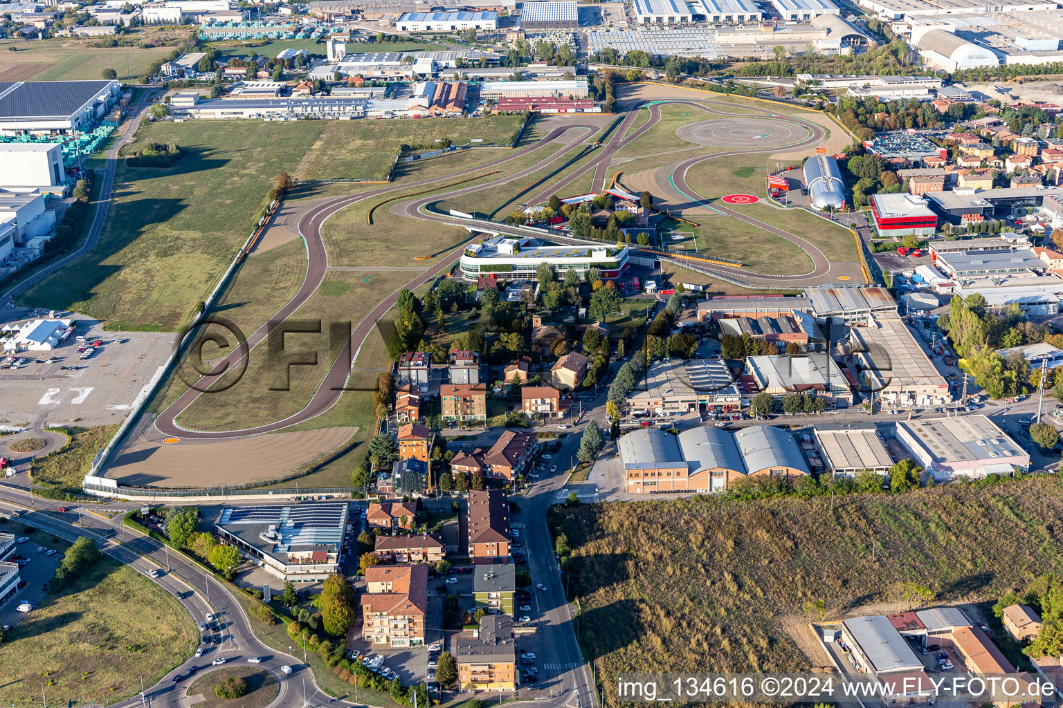 Aerial photograpy of Formula 1 race track of Ferrari, Pista di Fiorano, Circuito di Fiorano in Maranello in the state Modena, Italy