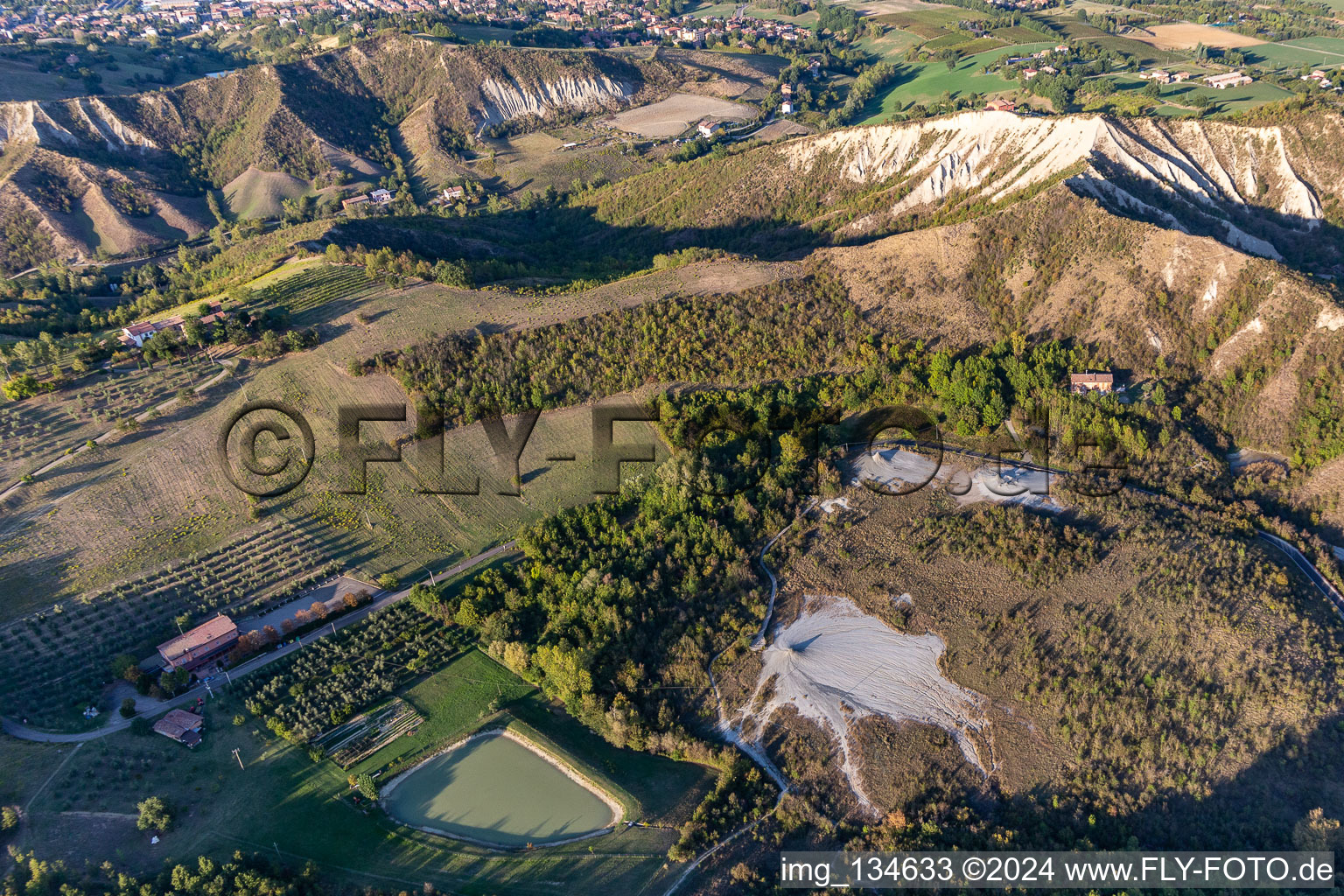 Bird's eye view of Salse di Nirano Riserva naturale Salse di Nirano in Fiorano Modenese in the state Modena, Italy