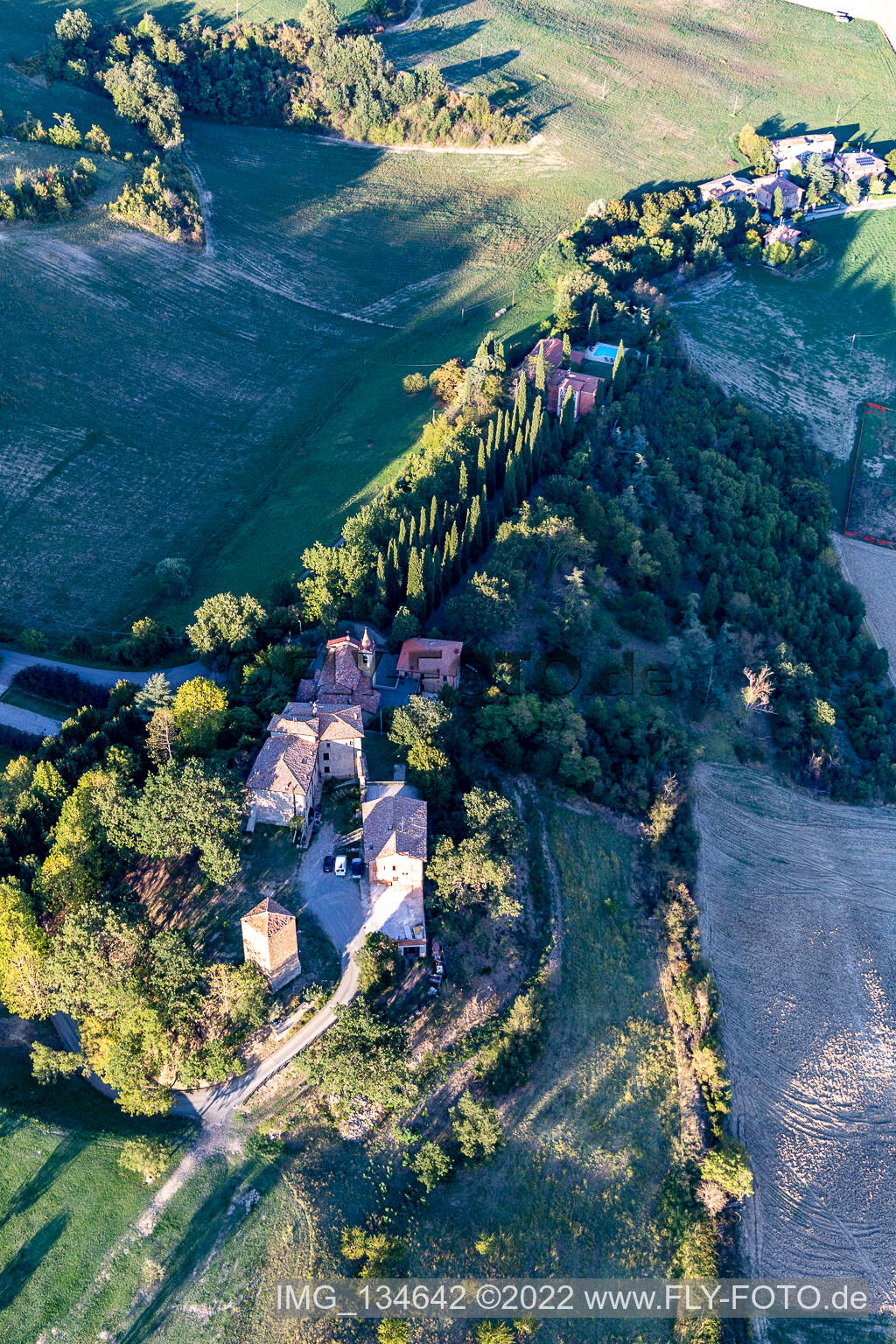 Aerial view of Nirano Castle in Fiorano Modenese in the state Modena, Italy