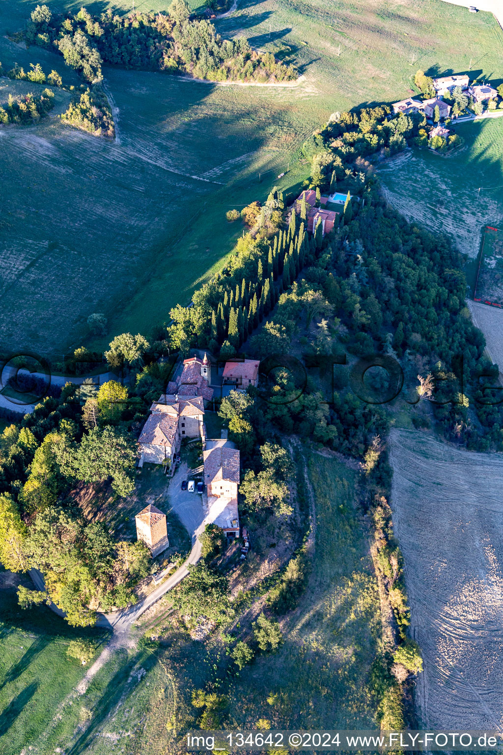 Aerial view of Nirano Castle in Fiorano Modenese in the state Modena, Italy