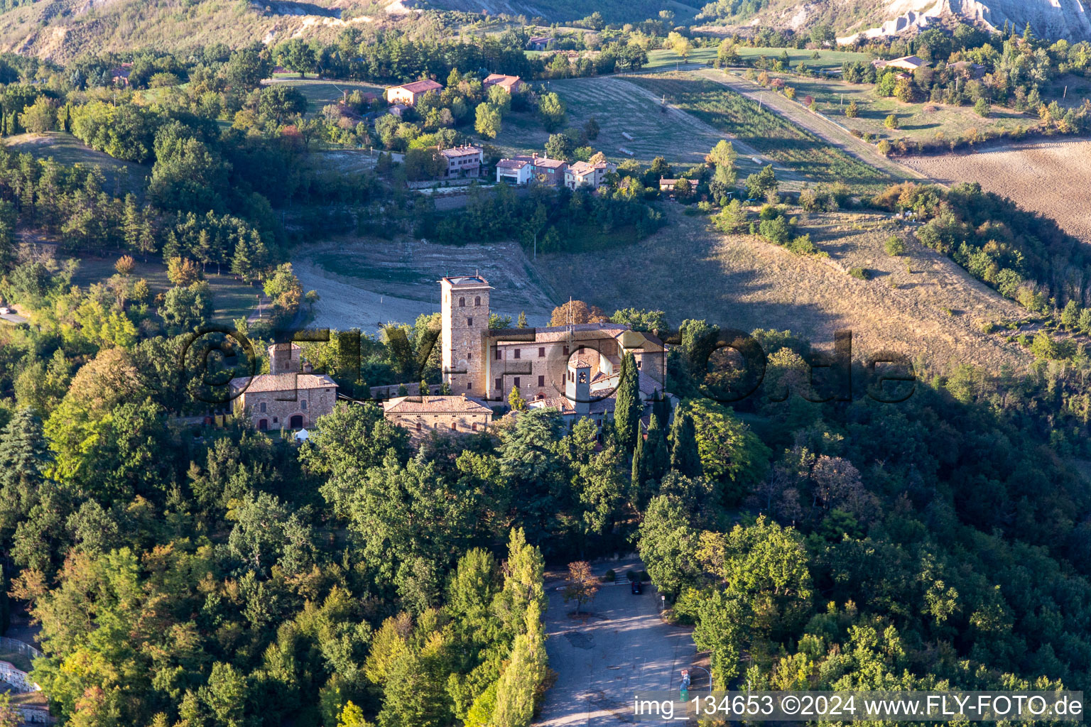 Montegibbio Castle Castello di Montegibbio in Sassuolo in the state Modena, Italy from above