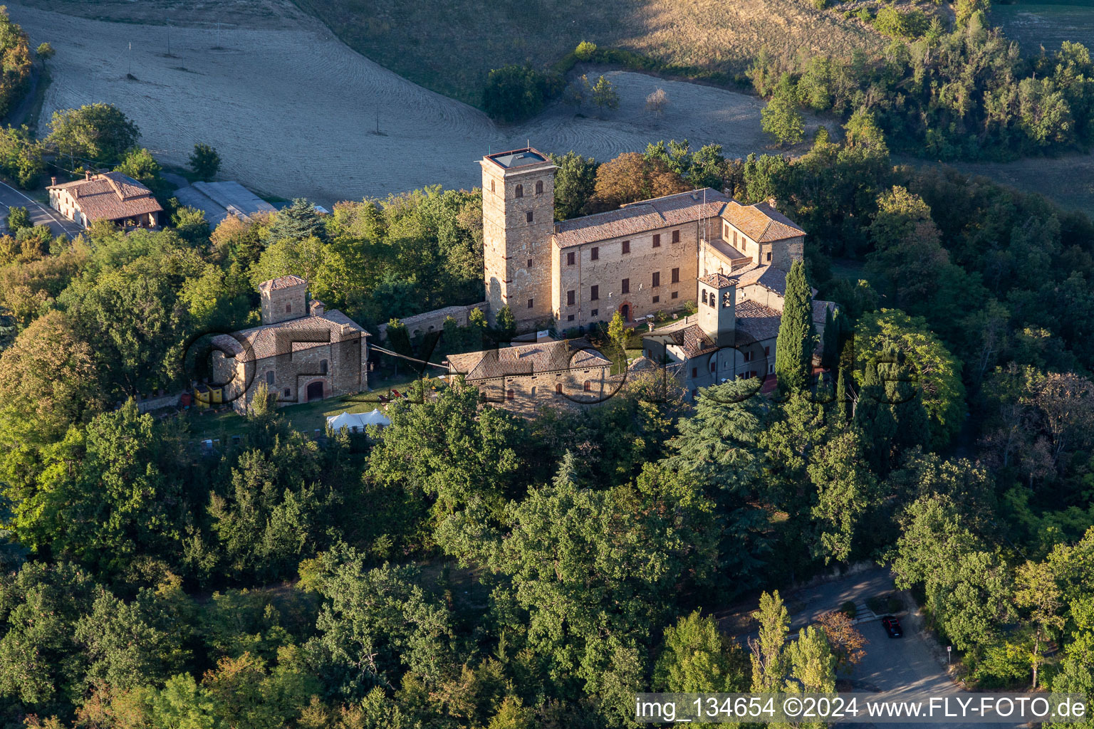 Aerial view of Montegibbio Castle Castello di Montegibbio in the district Il Poggio in Sassuolo in the state Modena, Italy