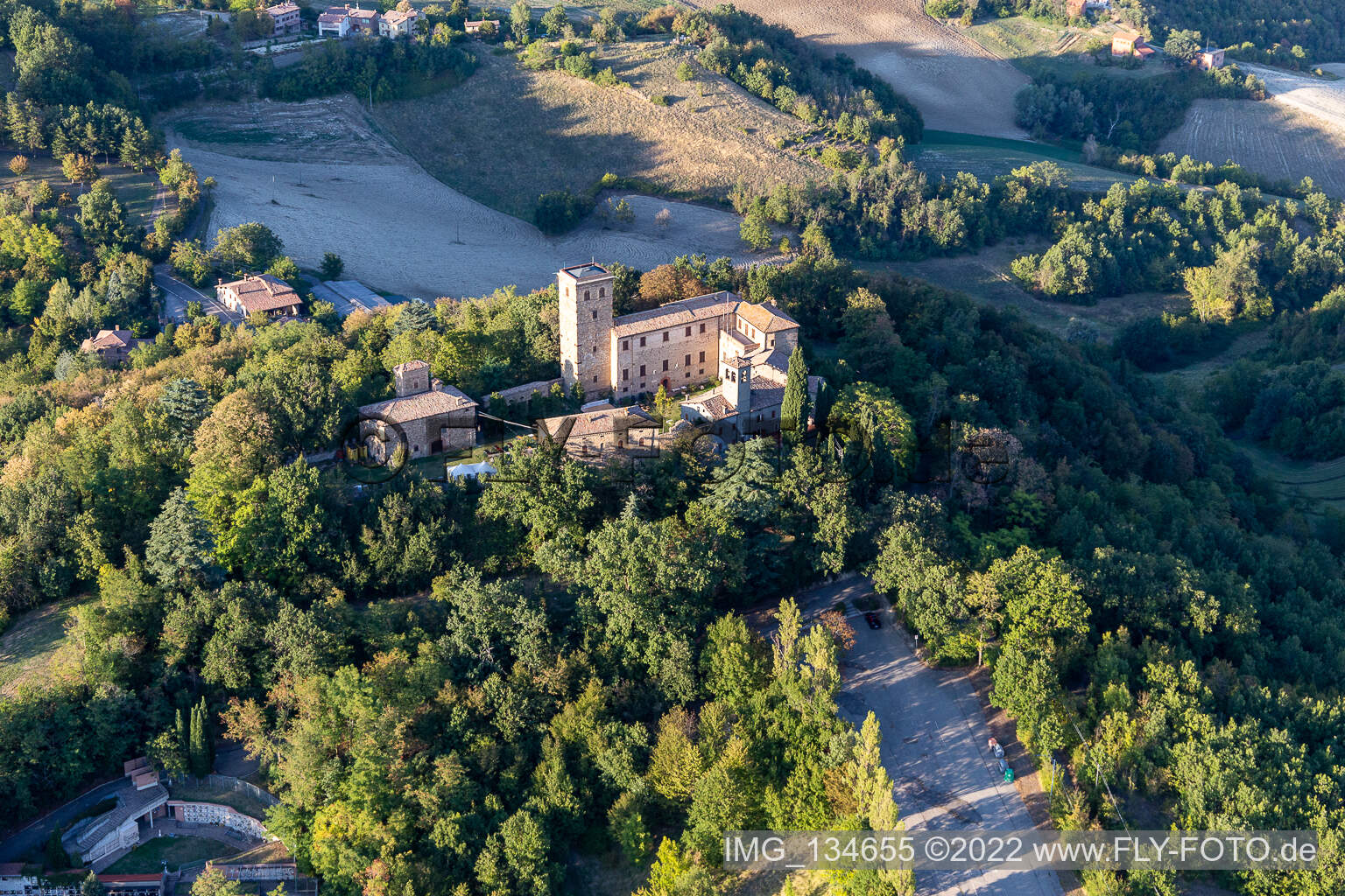 Montegibbio Castle Castello di Montegibbio in Sassuolo in the state Modena, Italy seen from above