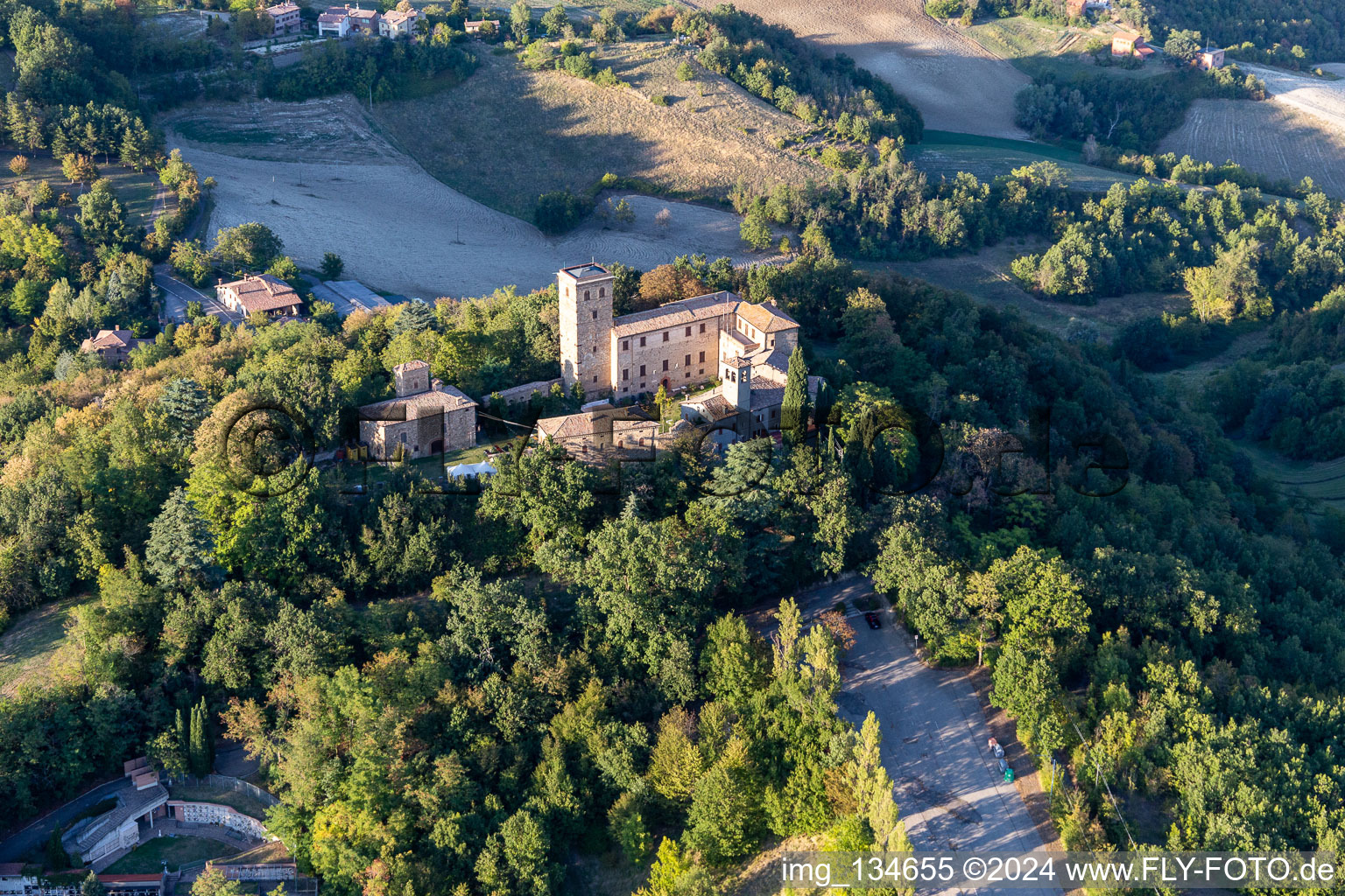 Aerial photograpy of Montegibbio Castle Castello di Montegibbio in the district Il Poggio in Sassuolo in the state Modena, Italy