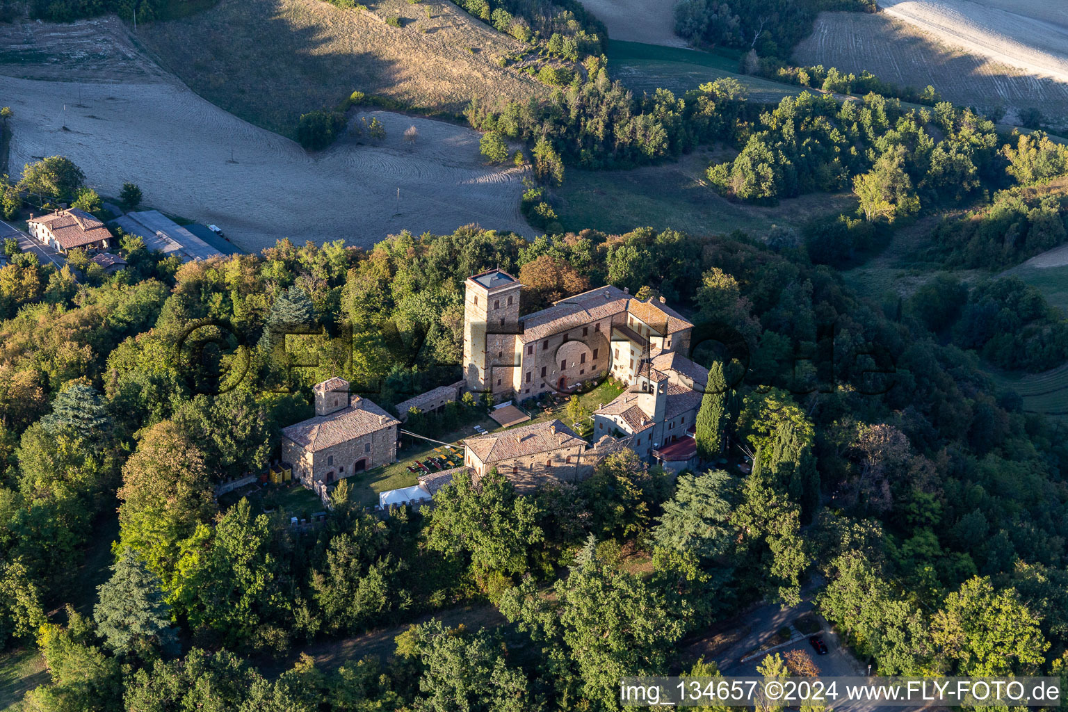 Oblique view of Montegibbio Castle Castello di Montegibbio in the district Il Poggio in Sassuolo in the state Modena, Italy