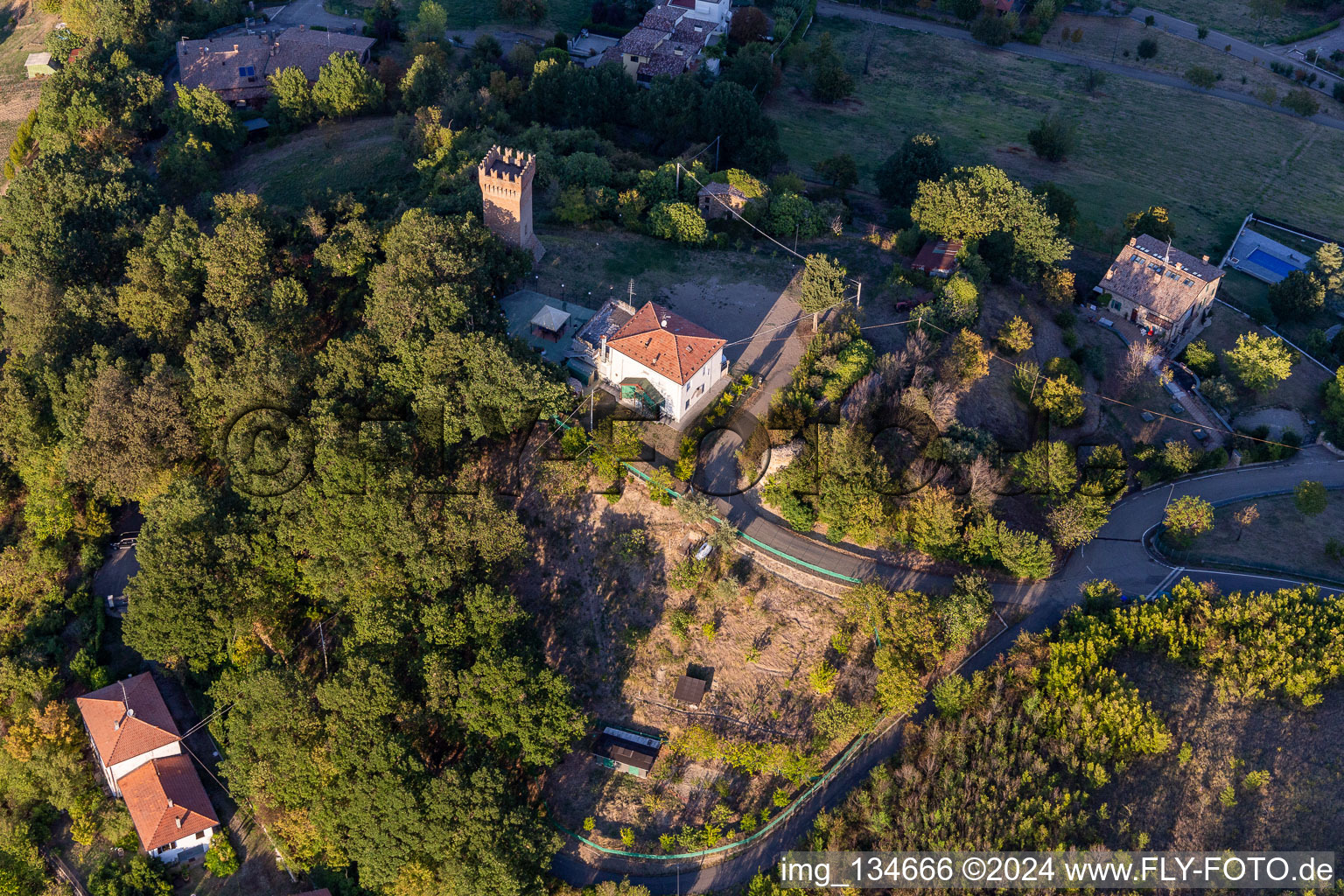 Aerial photograpy of Castle of Dinazzano in the district Veggia-Villalunga in Casalgrande in the state Reggio Emilia, Italy