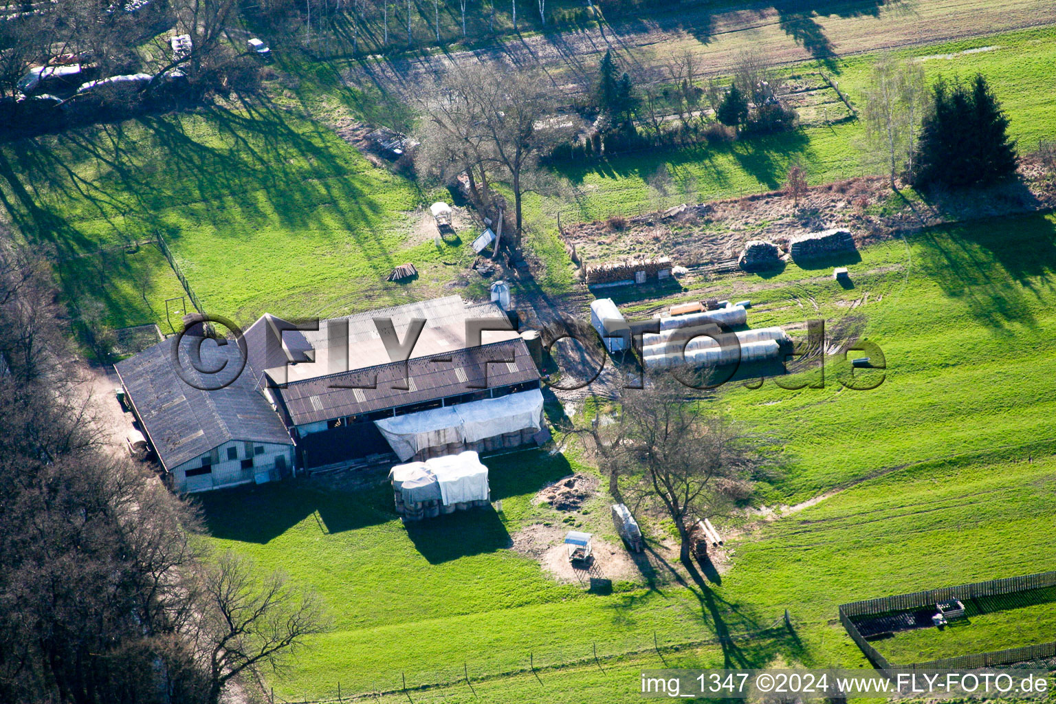 Aerial view of Sheep farm in Kandel in the state Rhineland-Palatinate, Germany