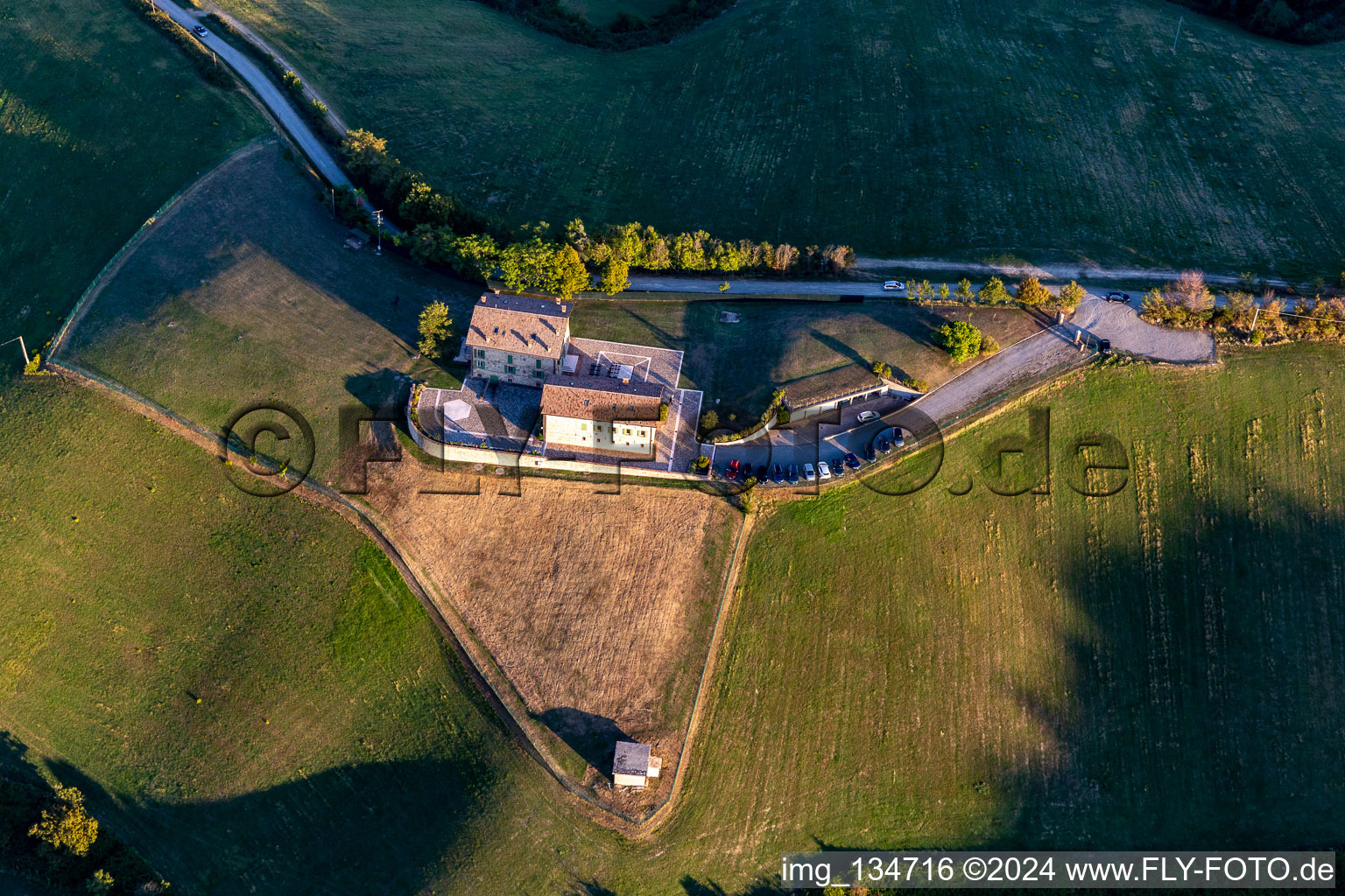 Aerial view of Comunità Sacerdotale Familiaris Consortio in the district Bicocca in Albinea in the state Reggio Emilia, Italy