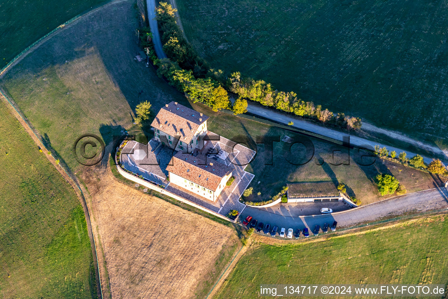 Aerial photograpy of Comunità Sacerdotale Familiaris Consortio in the district Bicocca in Albinea in the state Reggio Emilia, Italy