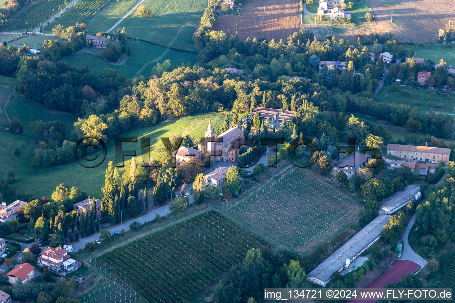 Aerial view of Sanctuary of the Beata Vergine di Lourdes in Montericco in the district Montericco in Albinea in the state Reggio Emilia, Italy