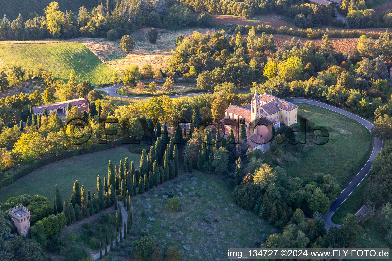 Aerial view of Church of the Nativity of the Beata Vergine Maria in the district Chiesa Albinea in Albinea in the state Reggio Emilia, Italy