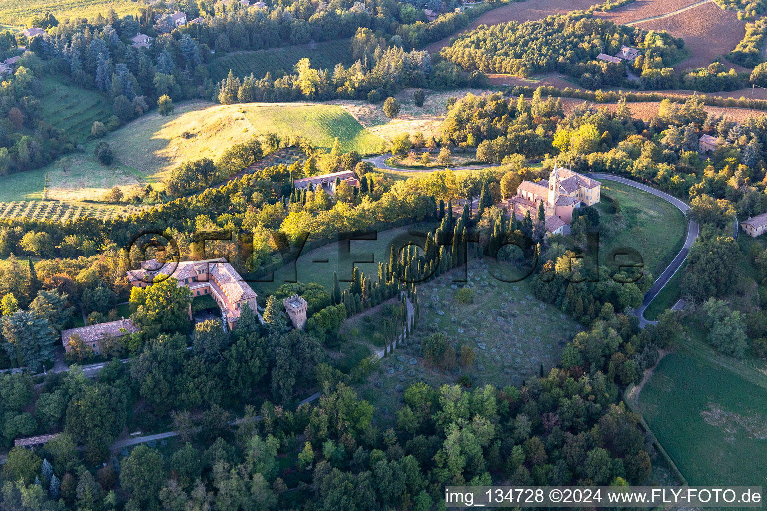 Aerial photograpy of Church of the Nativity of the Beata Vergine Maria in the district Chiesa Albinea in Albinea in the state Reggio Emilia, Italy