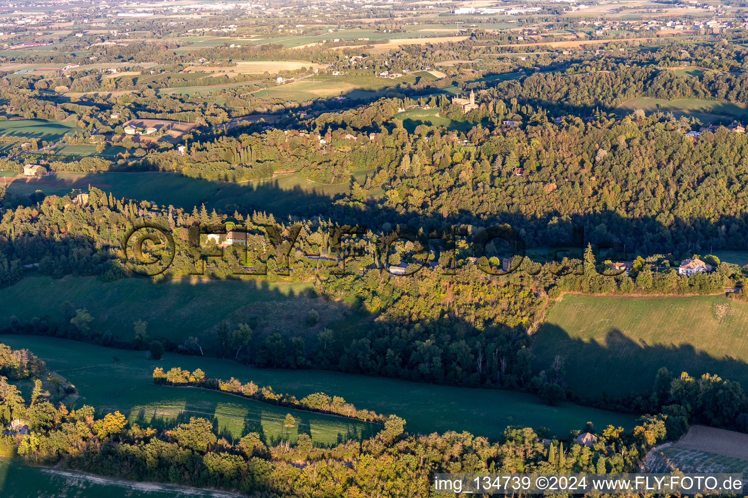 Aerial photograpy of Sanctuary of the Beata Vergine di Lourdes in Montericco in the district Montericco in Albinea in the state Reggio Emilia, Italy