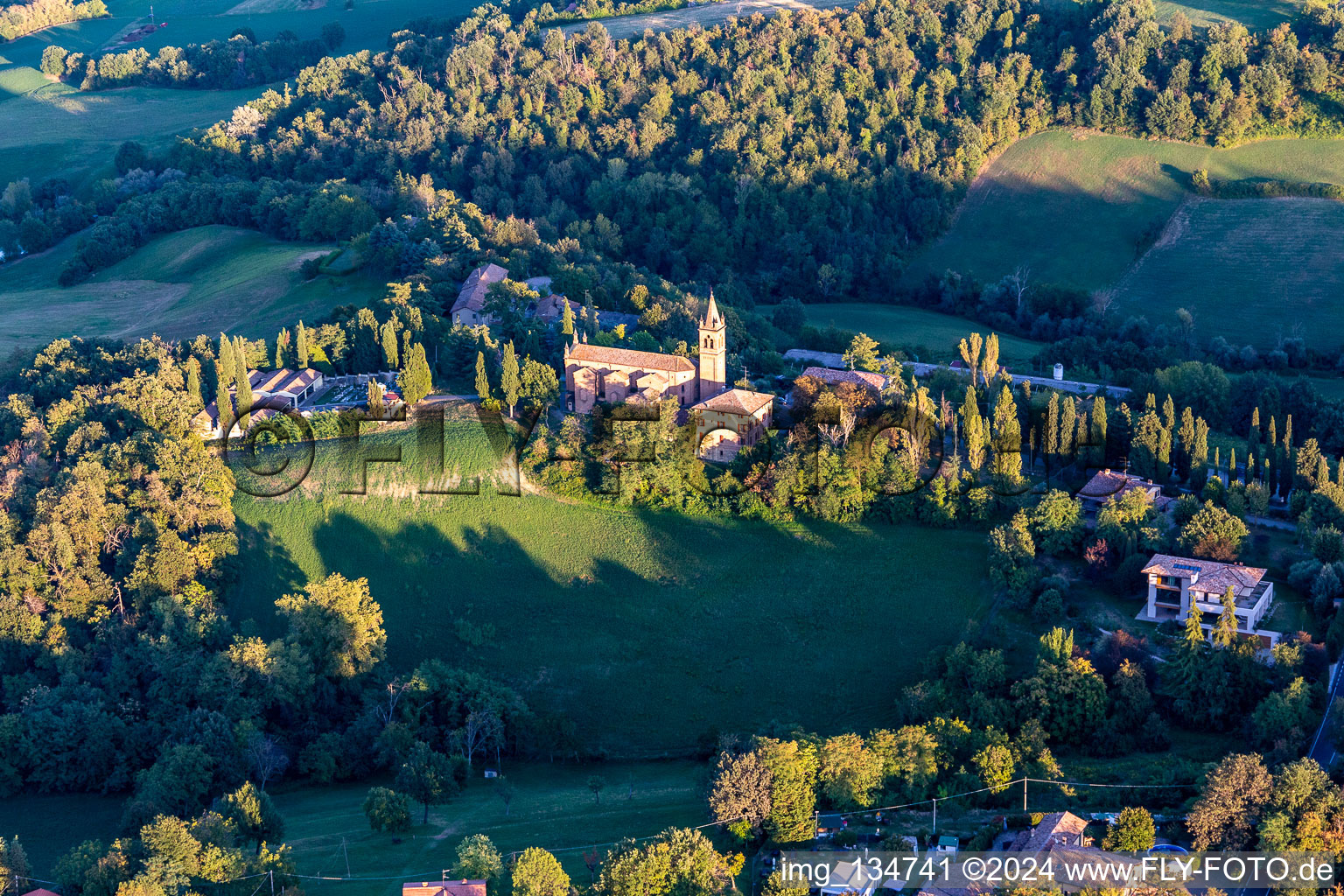 Oblique view of Sanctuary of the Beata Vergine di Lourdes in Montericco in the district Montericco in Albinea in the state Reggio Emilia, Italy