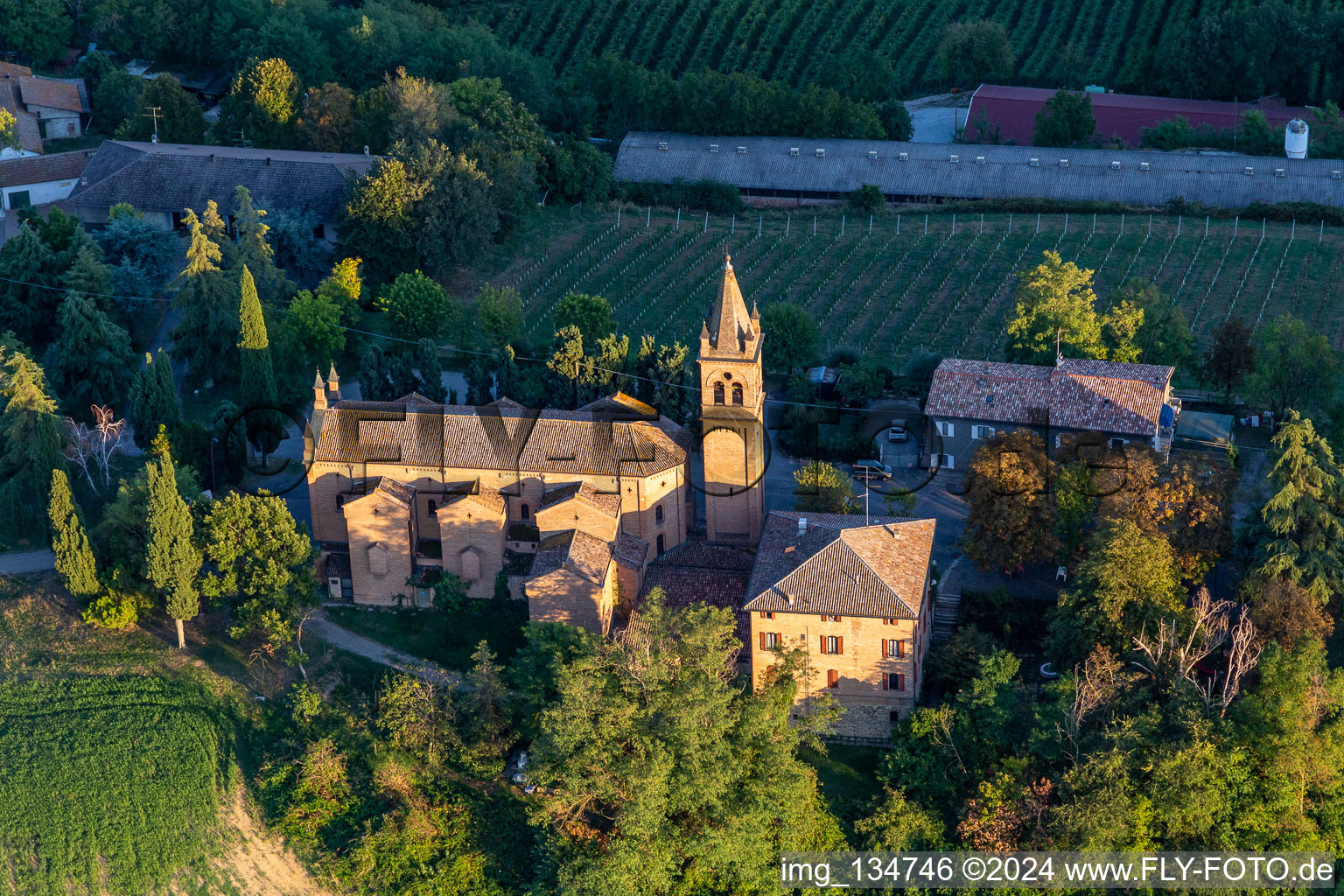 Sanctuary of the Beata Vergine di Lourdes in Montericco in the district Montericco in Albinea in the state Reggio Emilia, Italy from above