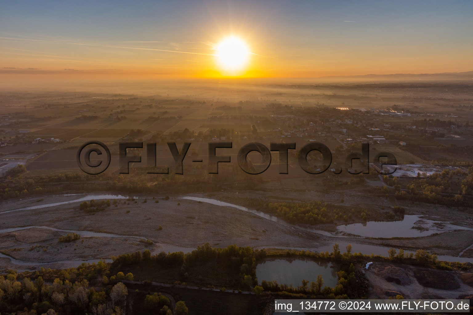 Sunrise over the Secchia River in Sassuolo in the state Modena, Italy