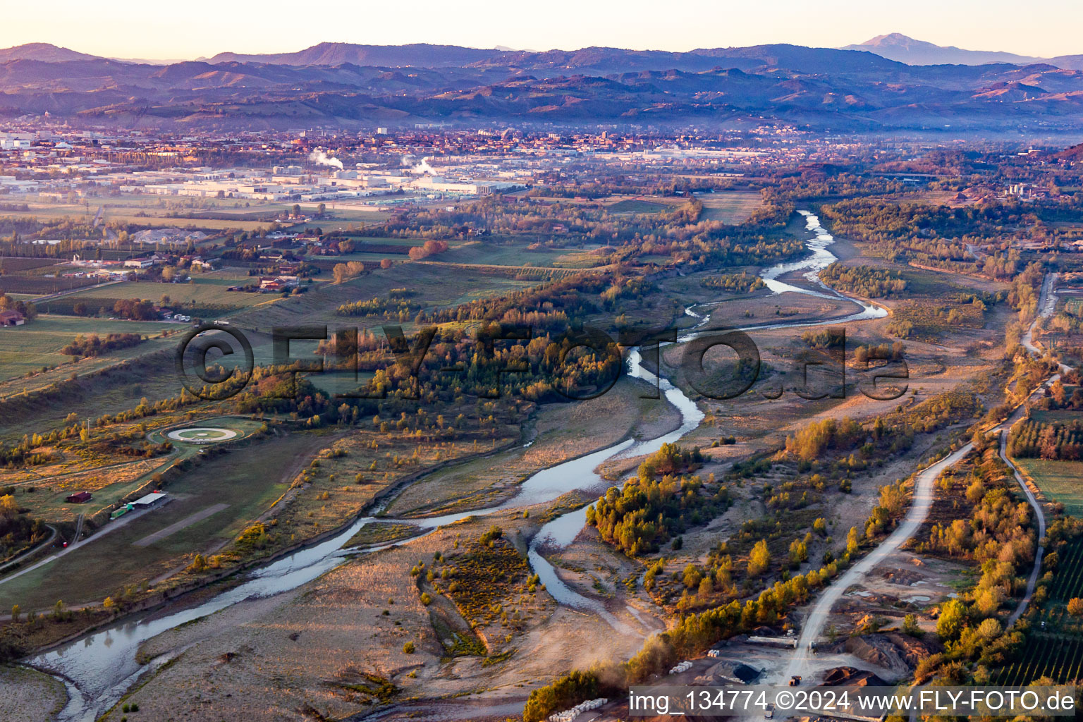 Sunrise over the Secchia River Gruppo Aeromodellistico Secchia GAS in Sassuolo in the state Modena, Italy