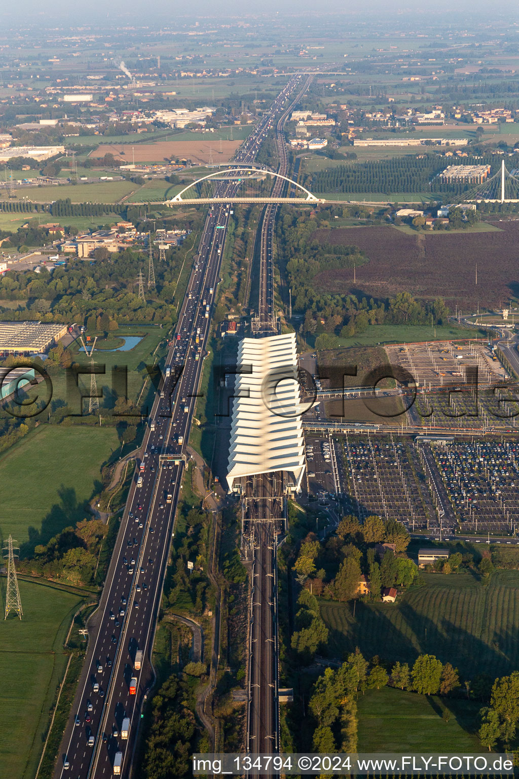 Aerial photograpy of Reggio Emilia AV Mediopadana train station in Reggio nell’Emilia in the state Reggio Emilia, Italy